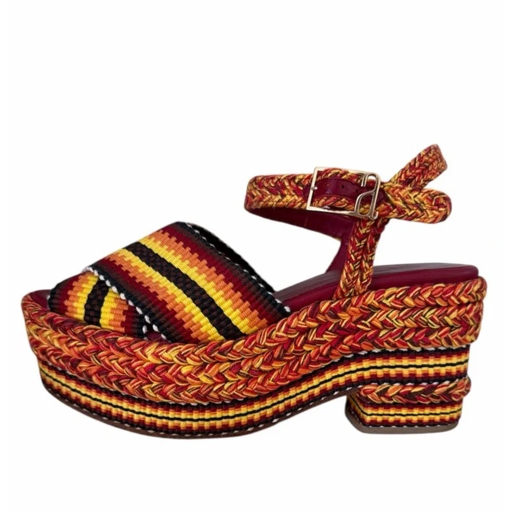 Antolina Paris Woven Textile Women Sz 8 Striped Platform Sandal Red/Yellow/Black
